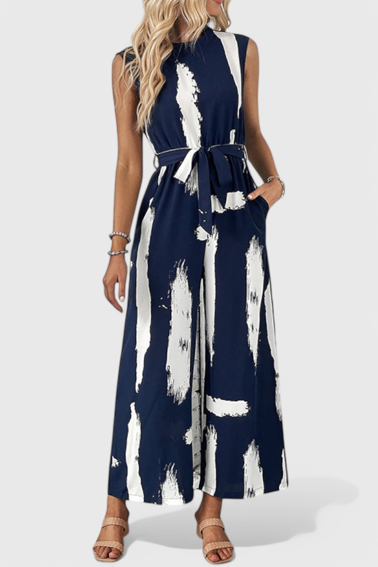 Women's printed sleeveless tied waist wide leg jumpsuit detail
