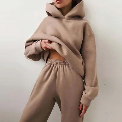 Women's zip-up jacket and jogger sweatsuit set in light brown