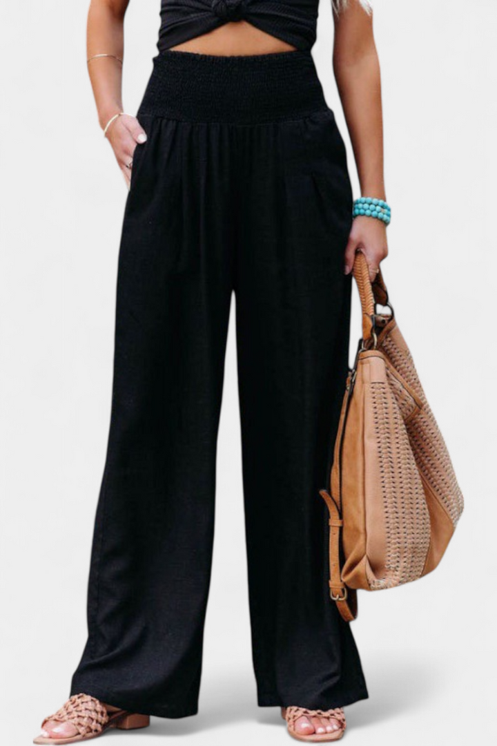 Women's cotton linen straight trousers in black
