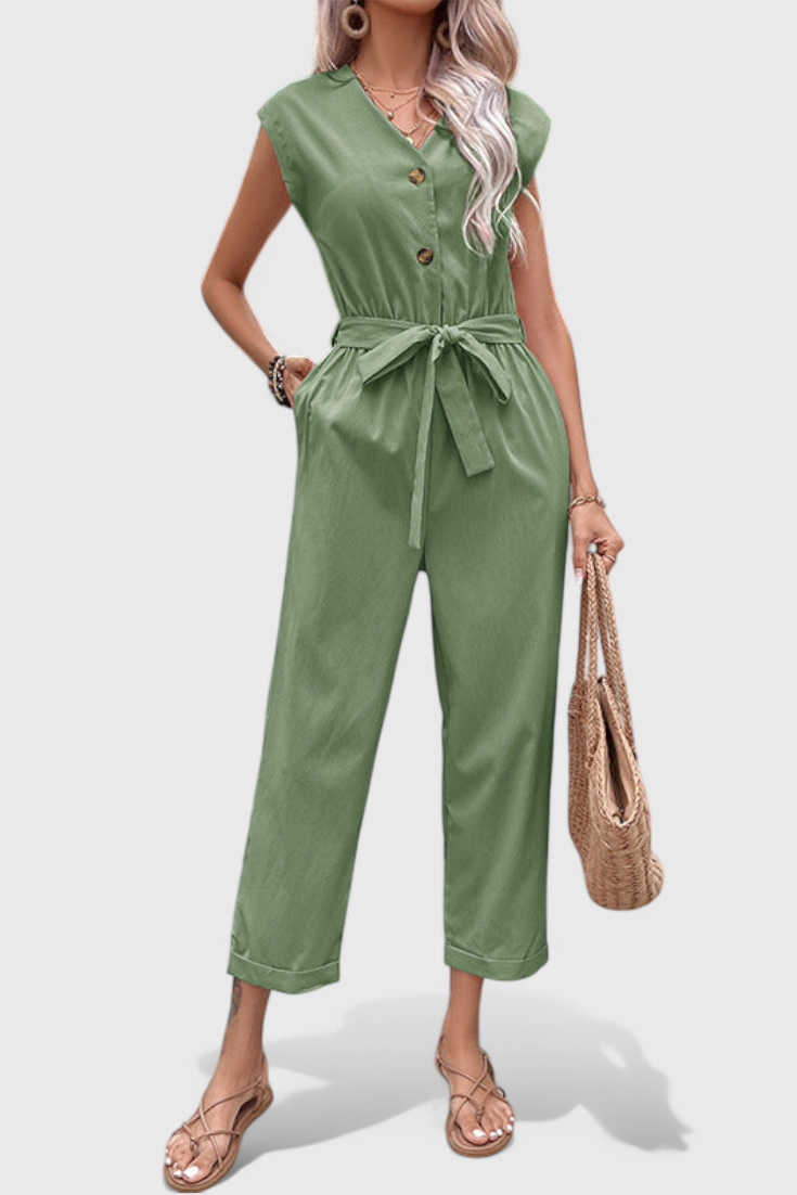 Women's sleeveless button front jumpsuit with tied waist in green