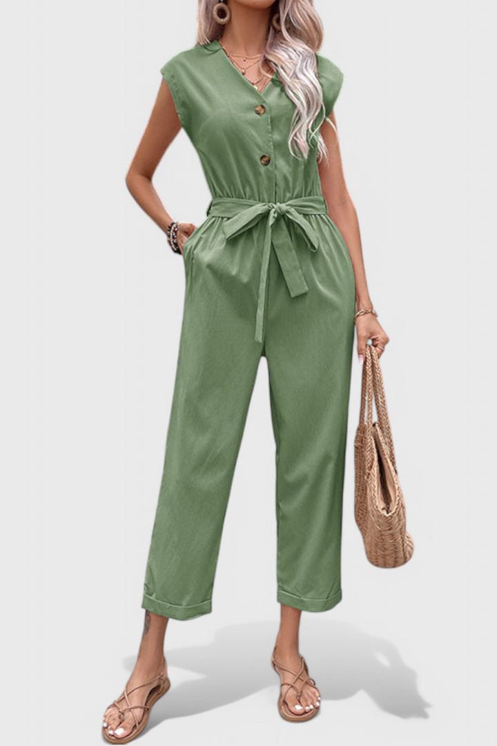 Women's sleeveless button front jumpsuit with tied waist in green