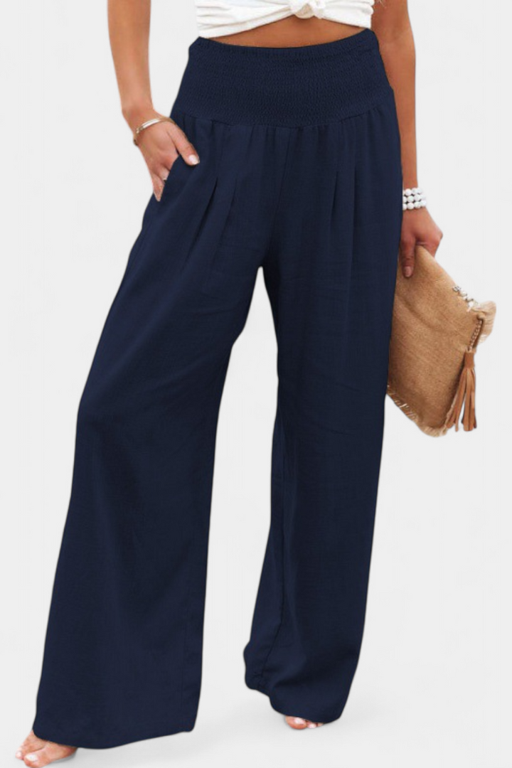 Women's cotton linen straight trousers in navy blue