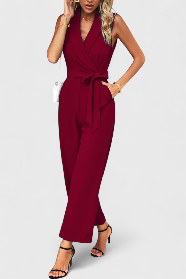 Women's cross back wide leg jumpsuit in burgundy