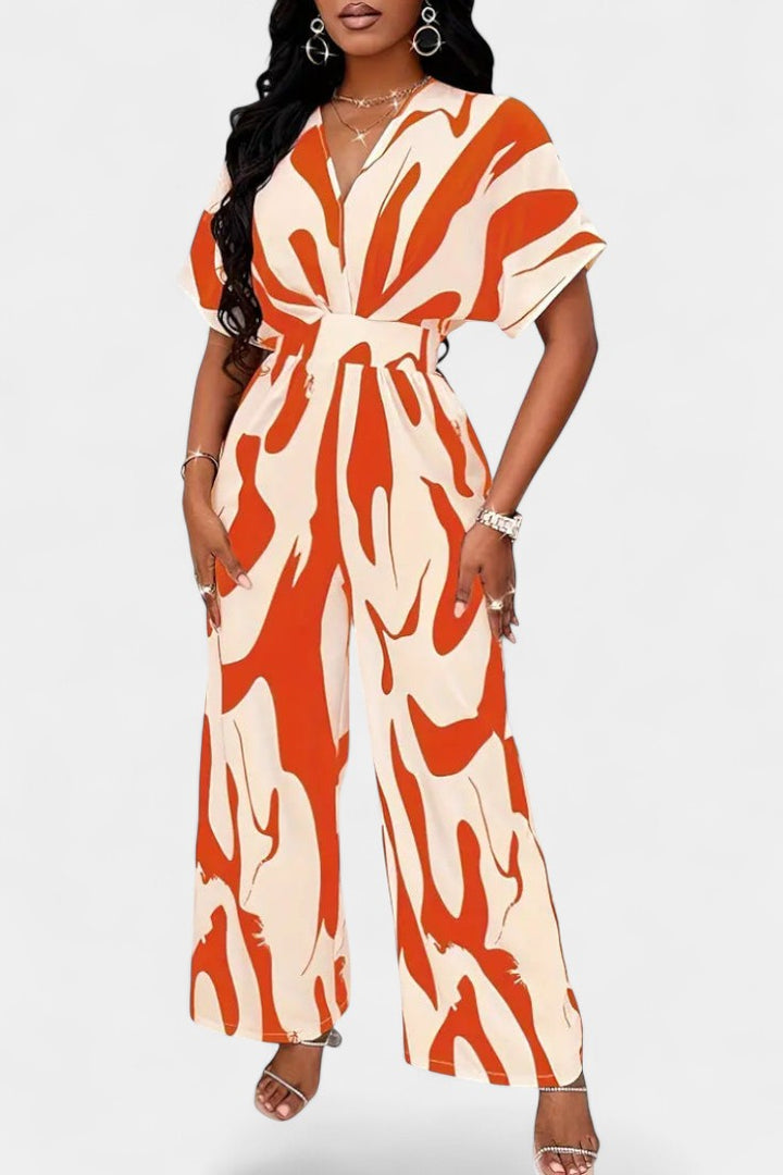 Women's abstract print V-neck wide leg jumpsuit in orange