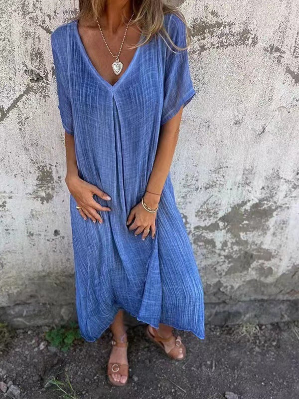 Loose V-Neck Summer Dress - Blue