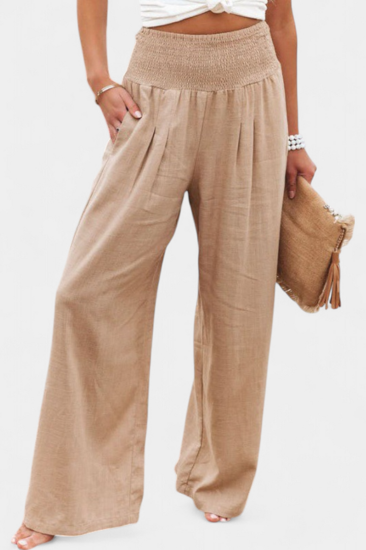 Women's cotton linen straight trousers in khaki