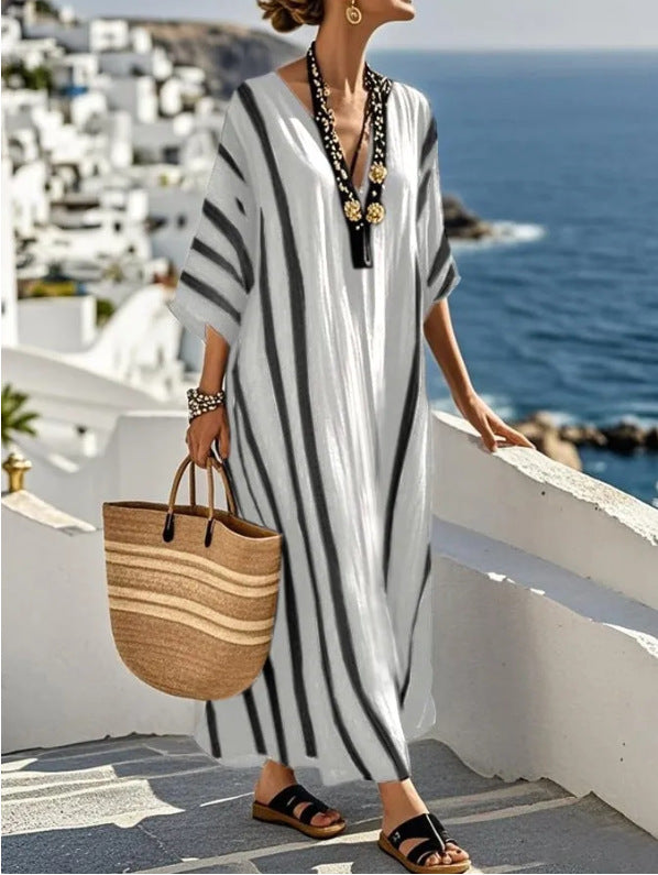 Striped boho maxi dress in black and white