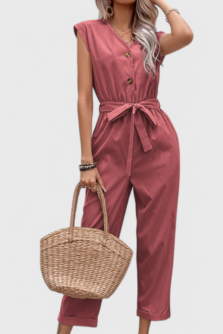 Women's sleeveless button front jumpsuit with tied waist in mahogany
