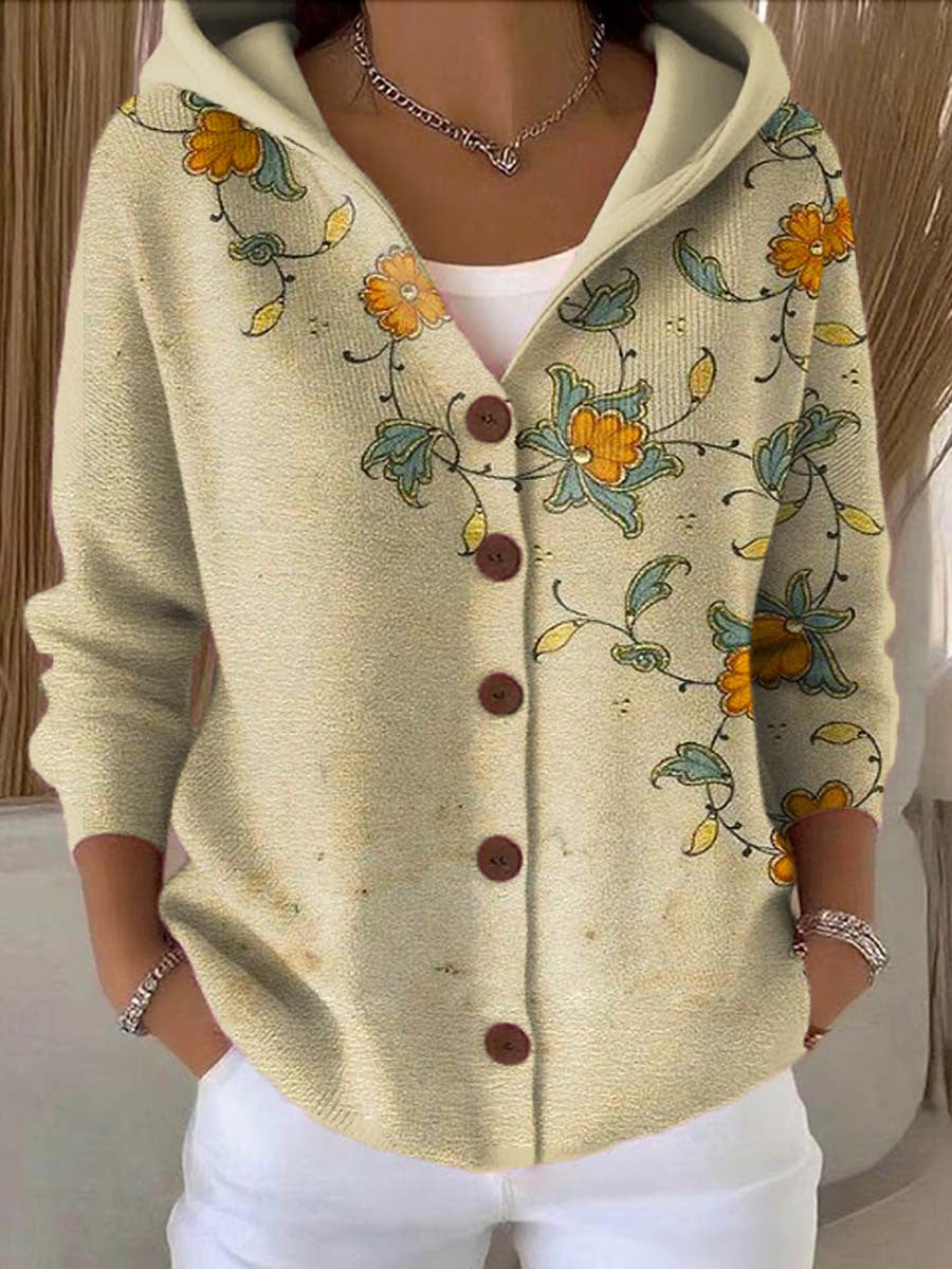 Women's hooded patchwork knit cardigan in off-white