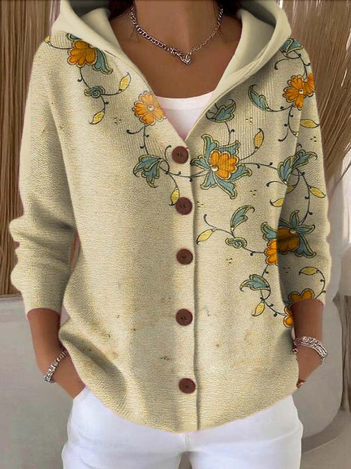 Women's hooded patchwork knit cardigan in off-white