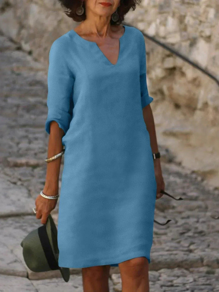 Elegant V-Neck Pleated Dress - Sky Blue