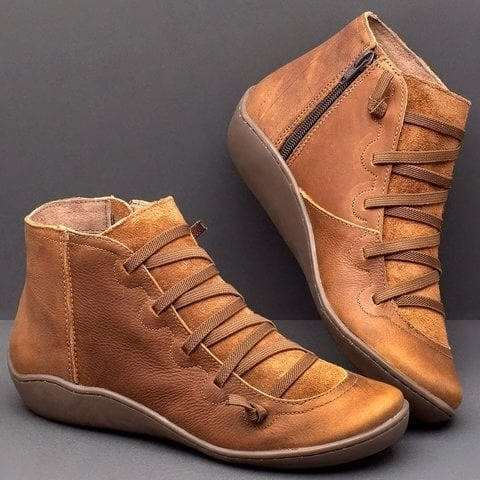 Lace up leather zip flat casual ankle boot in brown