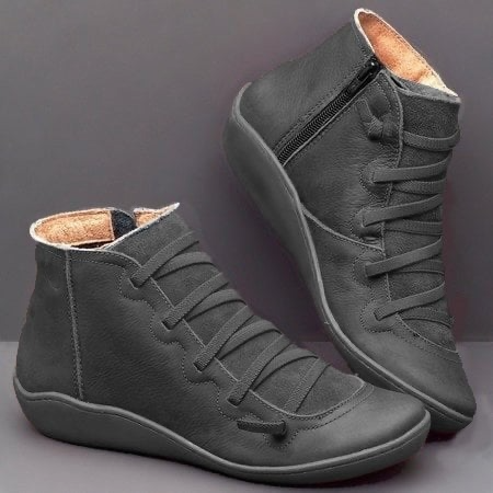 Lace up leather zip flat casual ankle boot in black