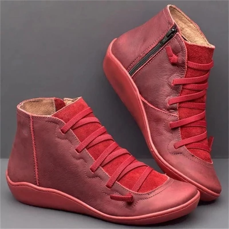 Lace up leather zip flat casual ankle boot in red