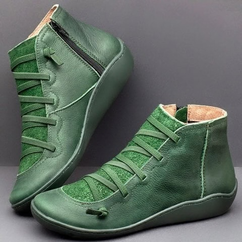 Lace up leather zip flat casual ankle boot in green