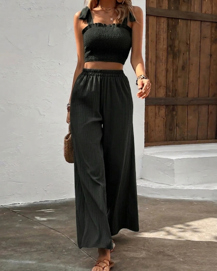 Pleated Two-Piece Crop Top & Wide-Leg Pants Set