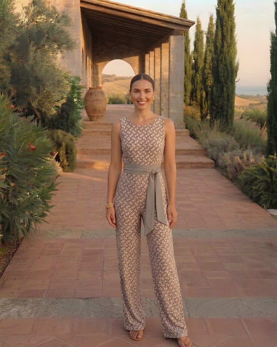 Printed Sleeveless Jumpsuit with Waist Tie