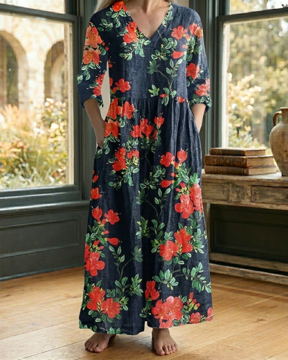 Printed V-Neck Maxi Dress with Pockets