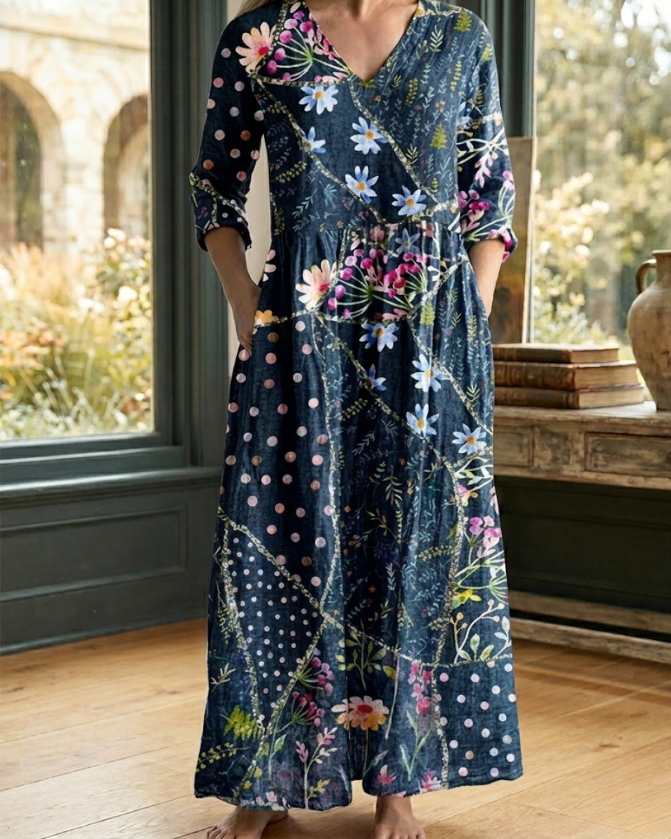 Printed V-Neck Maxi Dress with Pockets