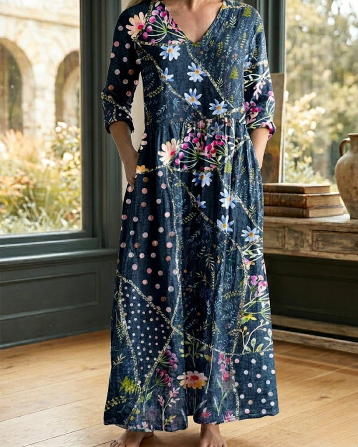 Printed V-Neck Maxi Dress with Pockets