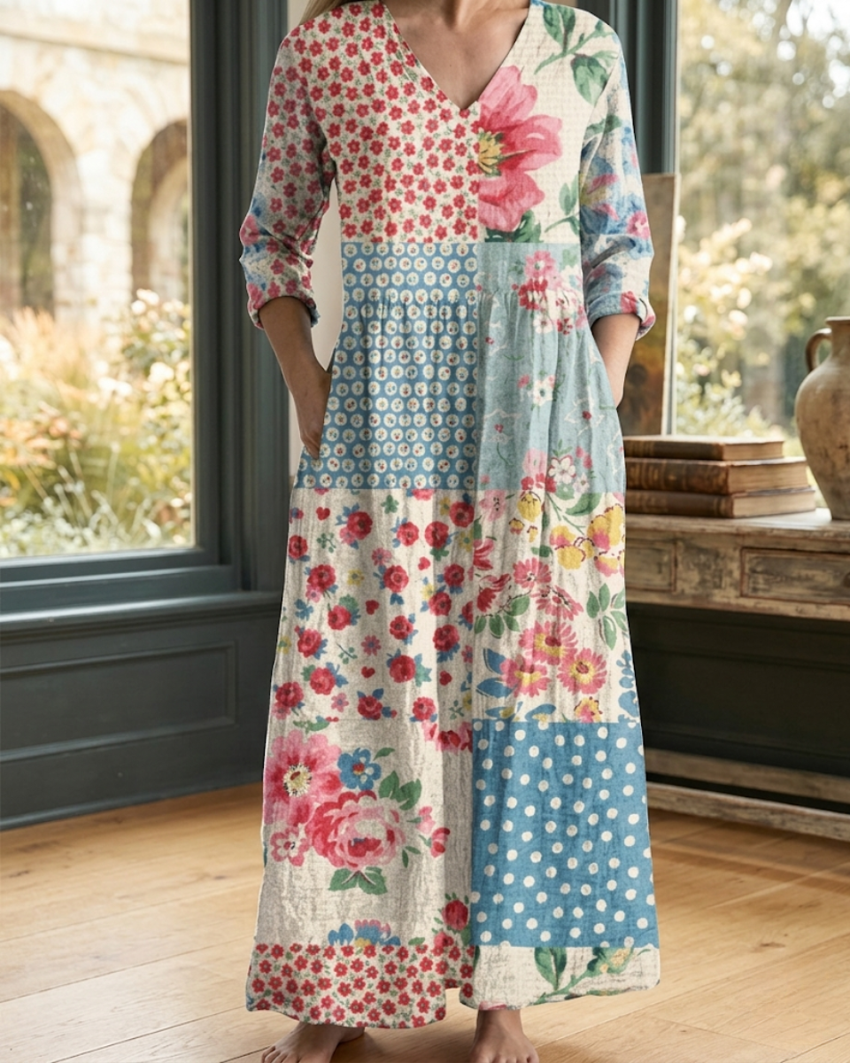 Printed V-Neck Maxi Dress with Pockets
