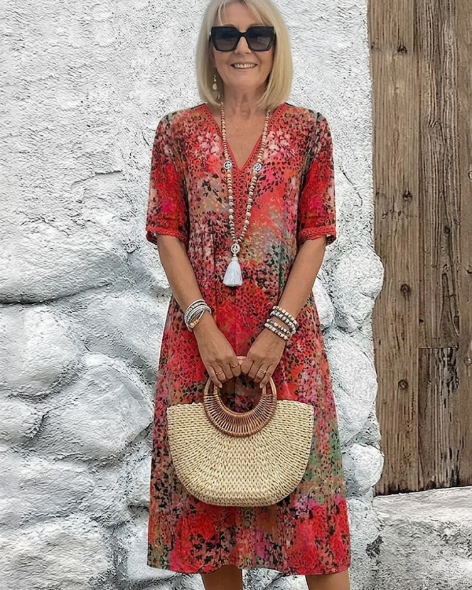 Printed V-Neck Midi Dress with Relaxed Fit