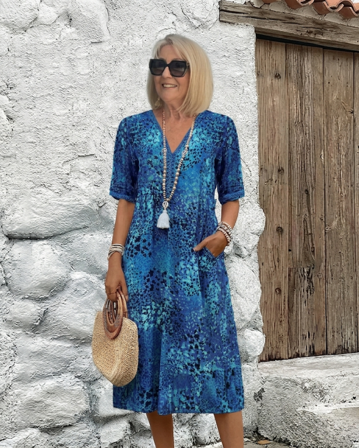 Printed V-Neck Midi Dress with Relaxed Fit