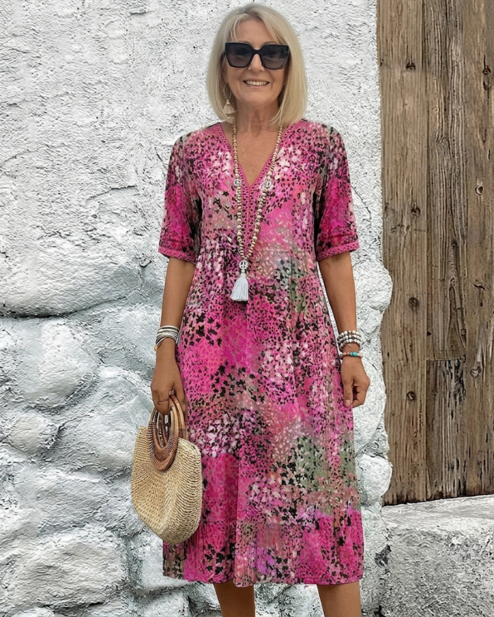 Printed V-Neck Midi Dress with Relaxed Fit