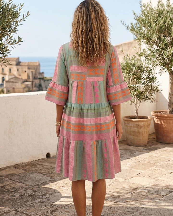 Printed V-Neck Tiered Midi Dress