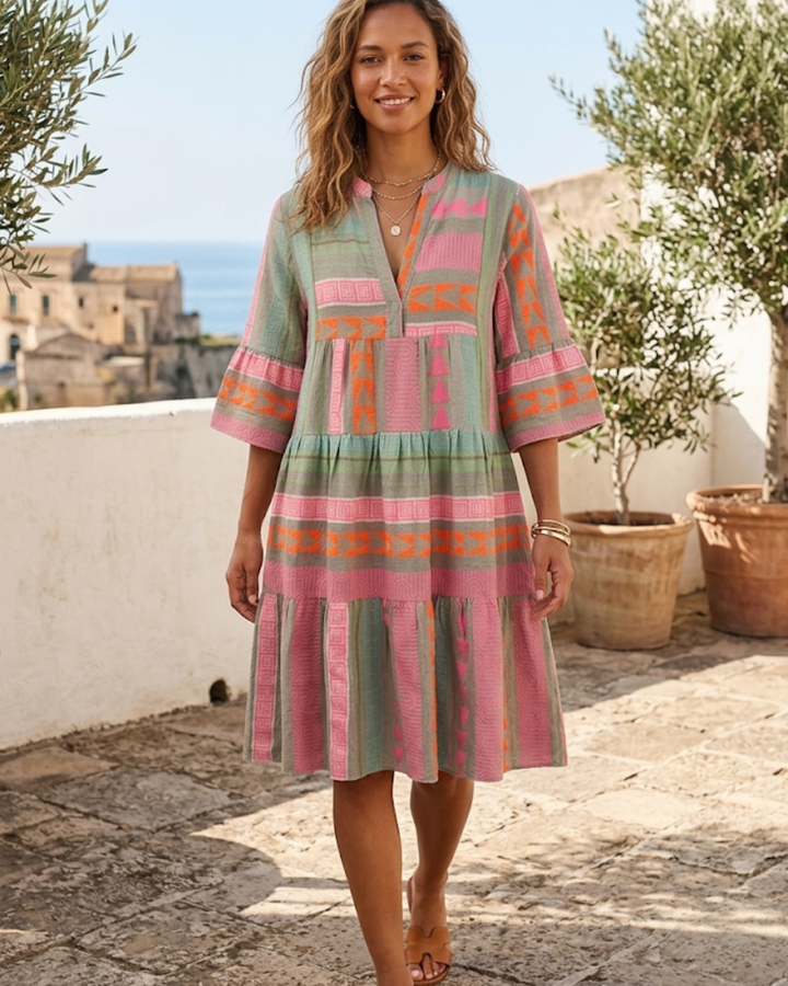 Printed V-Neck Tiered Midi Dress