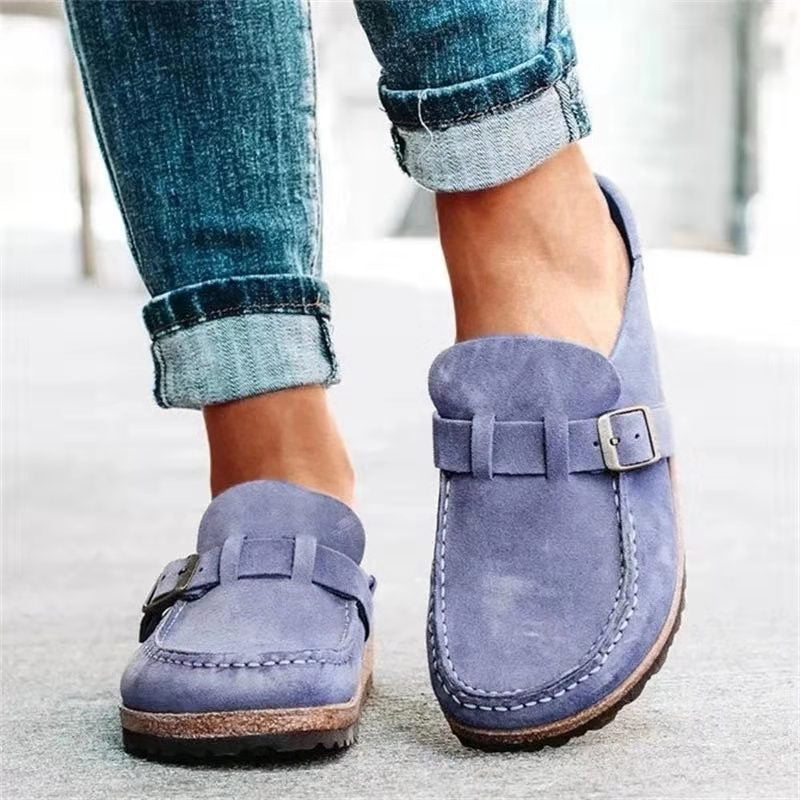 Women's Suede Buckle Strap Cork Sole Slip On Casual Loafer Lila