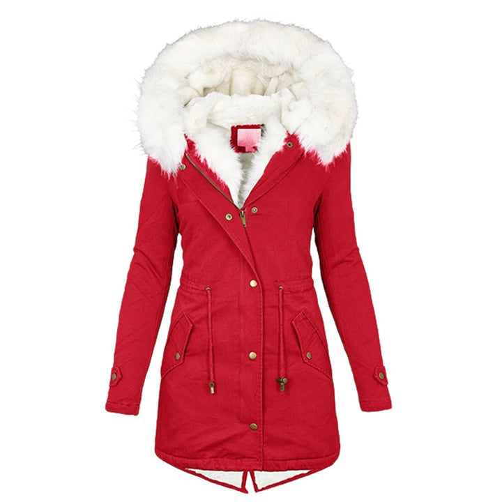 Red hooded winter jacket with fleece lining