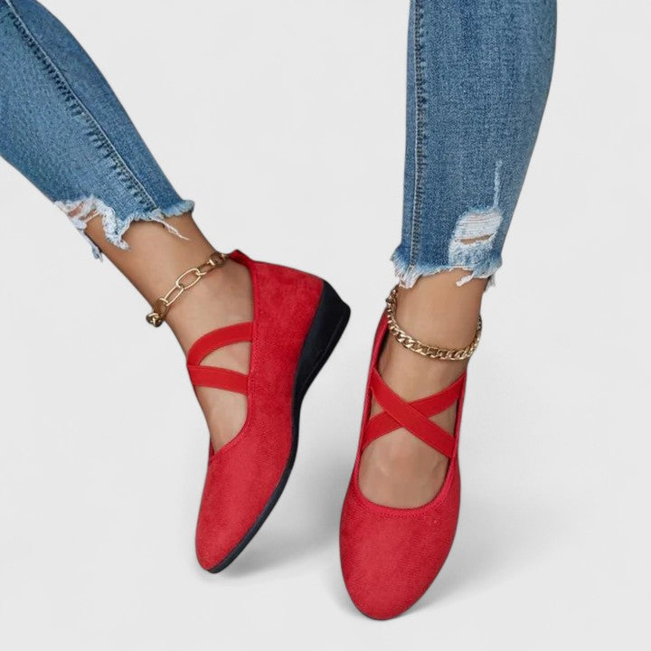 Suede Crossover Wedge Sandal in red
