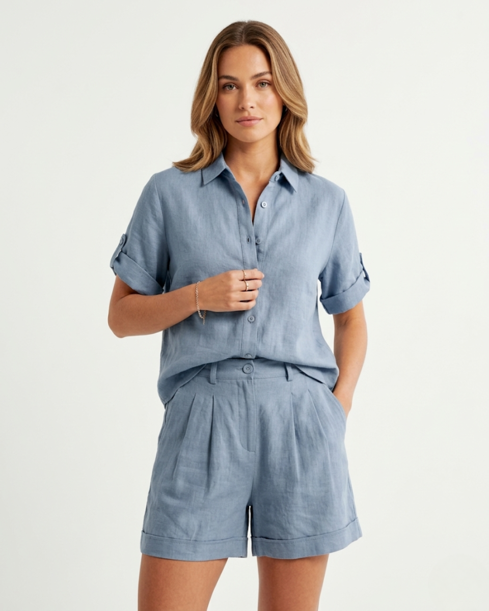 Relaxed Linen Blend Shirt & Shorts Set