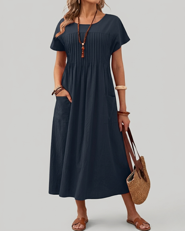 Relaxed Pleated Midi Dress with Short Sleeves