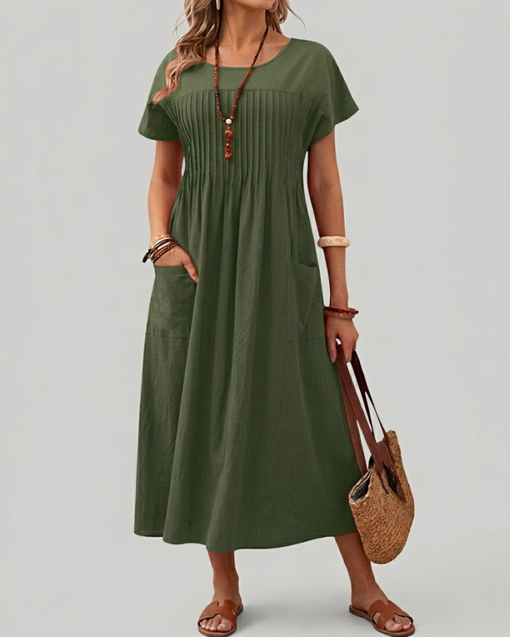 Relaxed Pleated Midi Dress with Short Sleeves