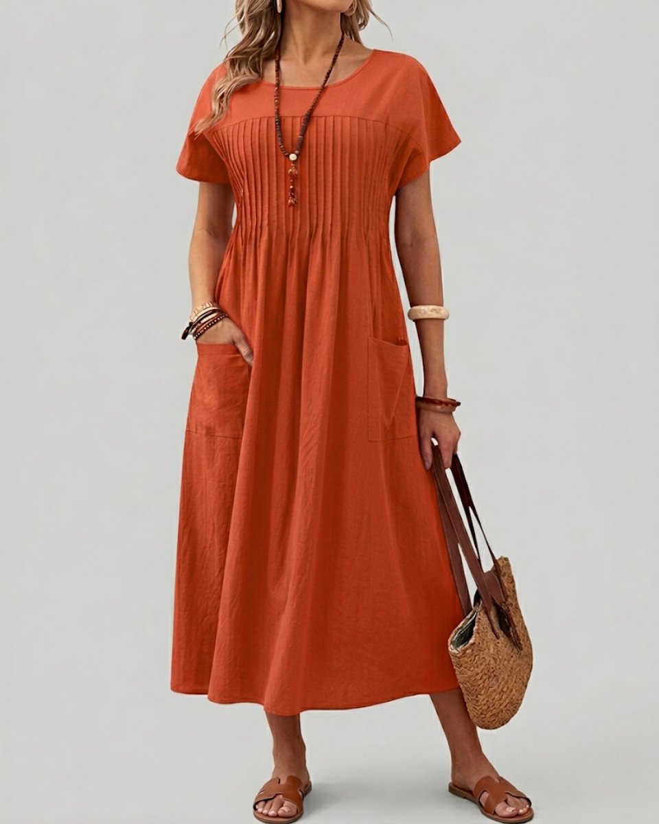 Relaxed Pleated Midi Dress with Short Sleeves