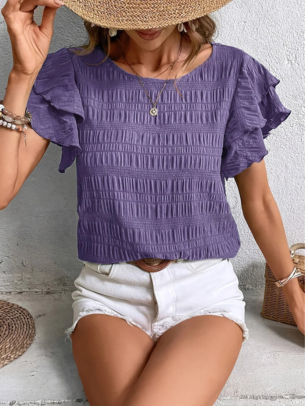 Ruffle-Sleeve Pleated Blouse