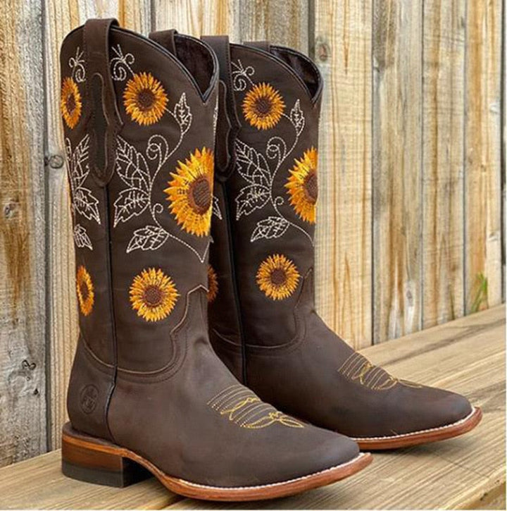 Sunflower embroidered scallop top pointed toe western boot in dark brown