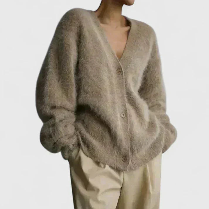 Women's brushed knit V-neck button cardigan in beige