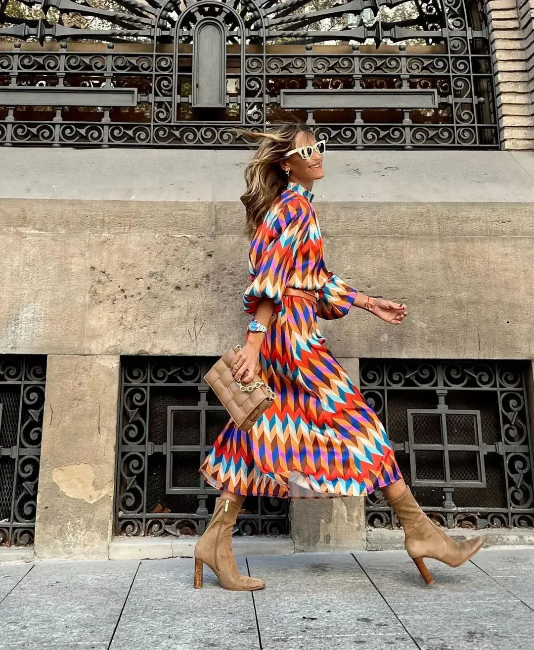 Geometric Print Balloon Sleeve Midi Dress - back