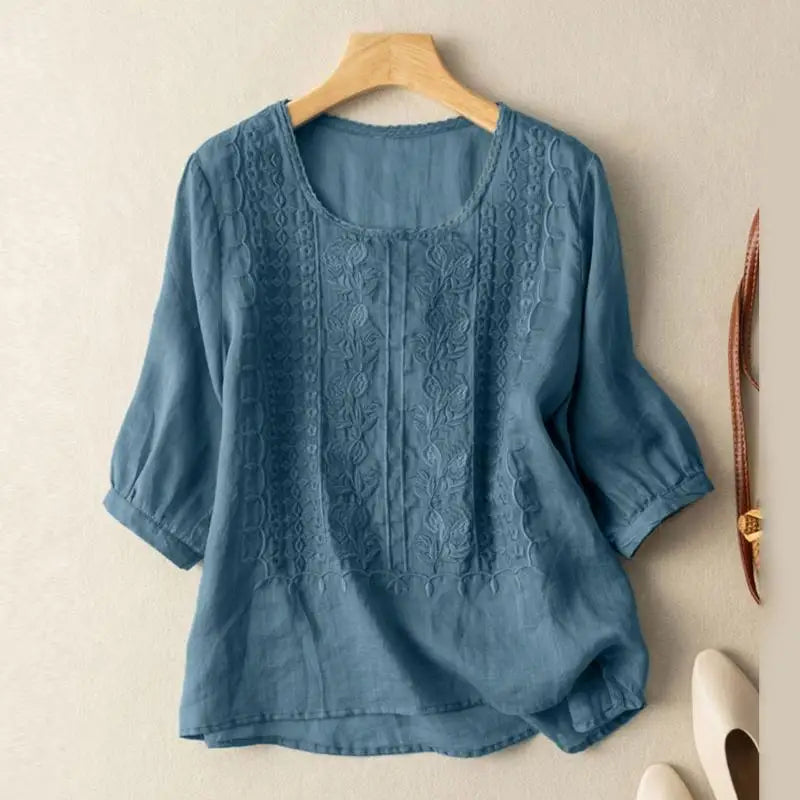 Embroidered Floral Relaxed Blouse - Blue