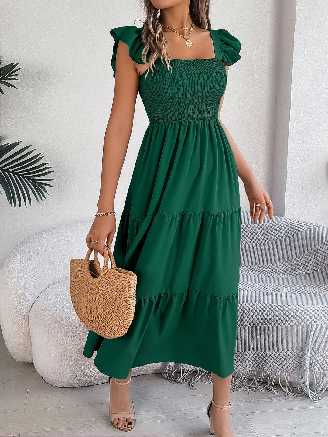 Tiered smocked ruffle sleeve midi dress in green