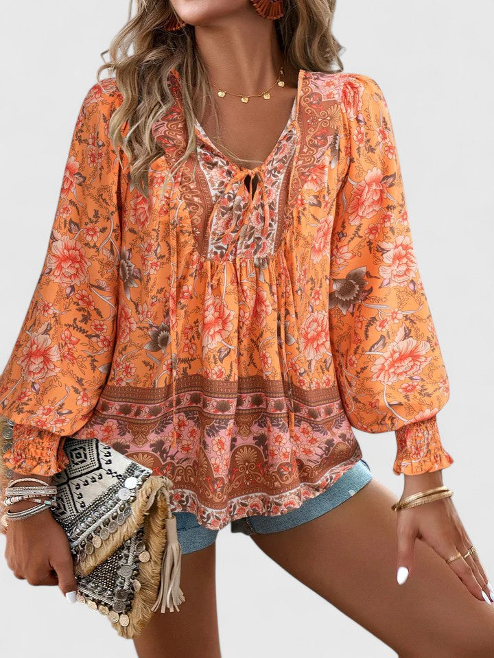 Floral Boho Puff-Sleeve Blouse - Orange