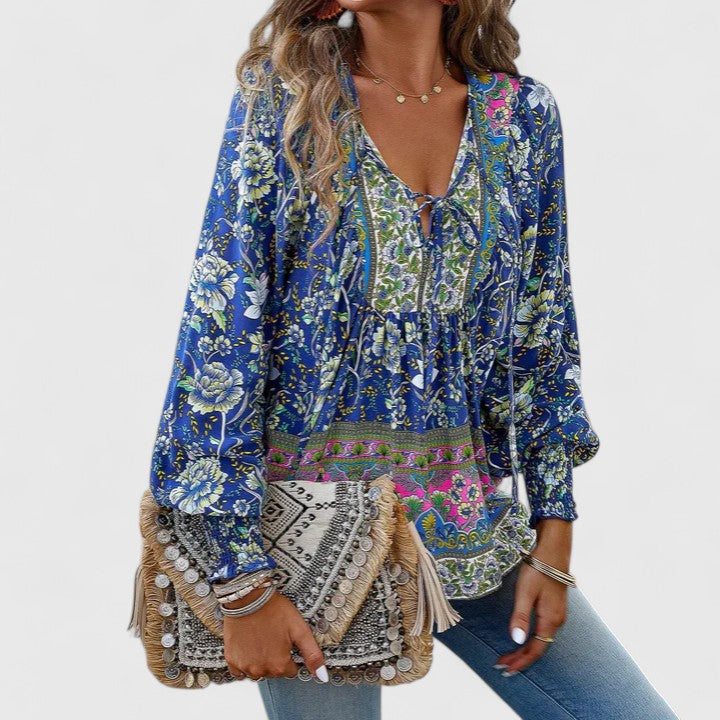 Floral Boho Puff-Sleeve Blouse - Navy Blue