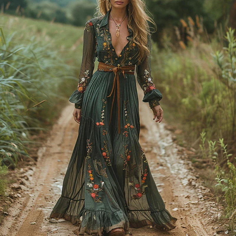 Bohemian floral maxi dress in green