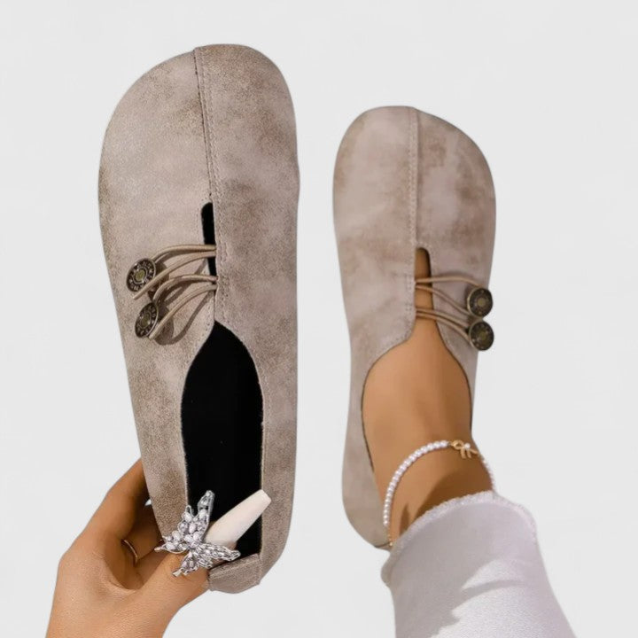 Bronze button lace up suede round toe casual flat in light brown