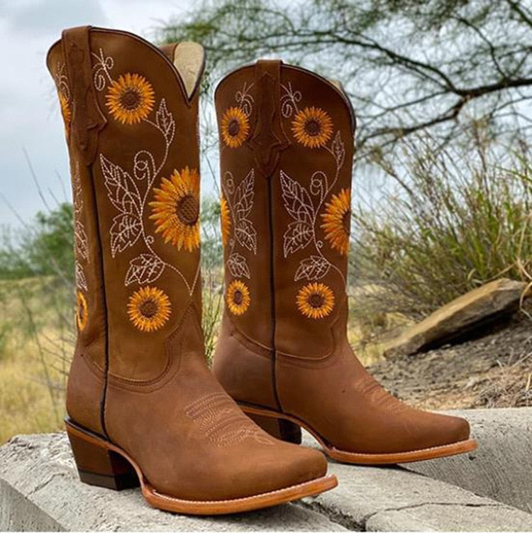Sunflower embroidered scallop top pointed toe western boot in brown
