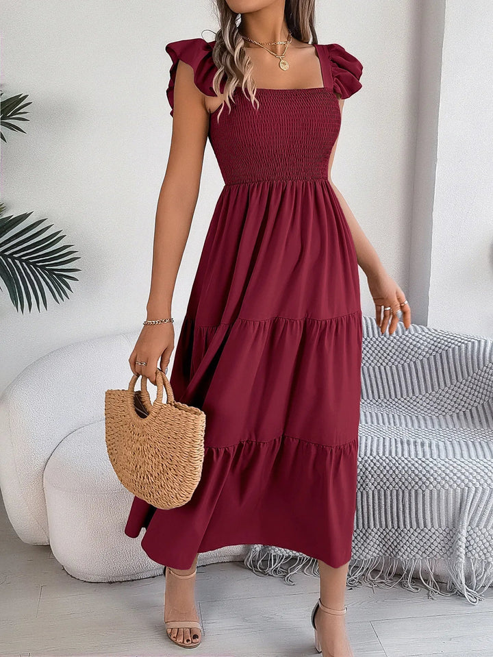 Tiered smocked ruffle sleeve midi dress in red