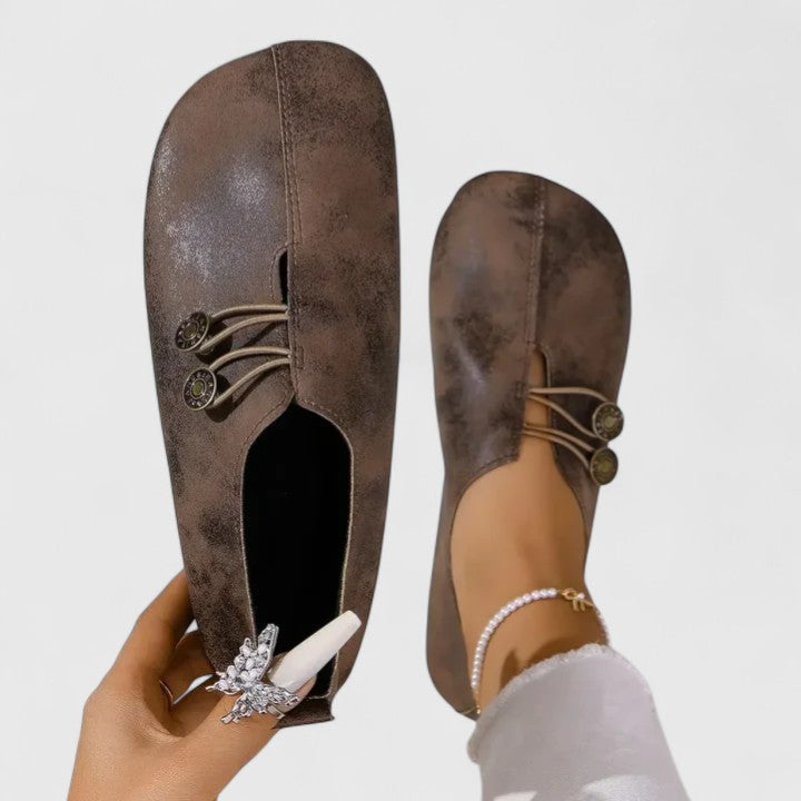 Bronze button lace up suede round toe casual flat in dark brown